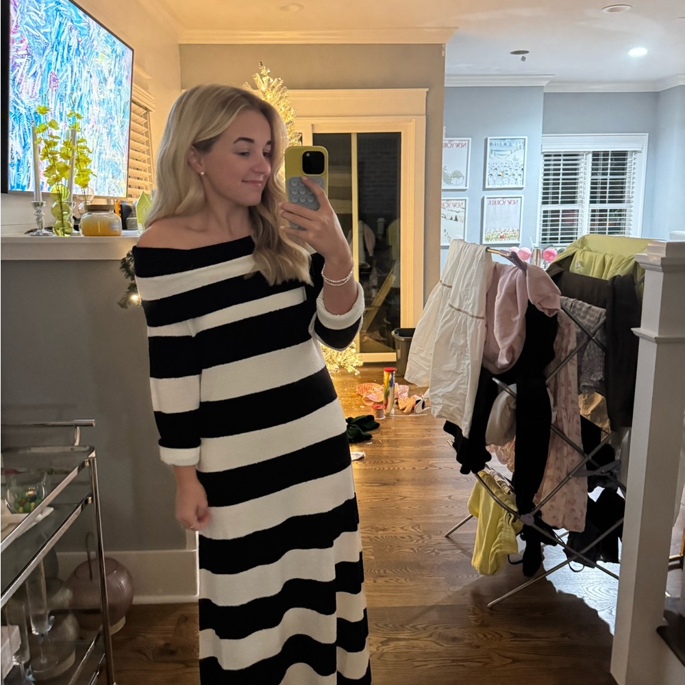 Black and White Striped Off-Shoulder Dress
